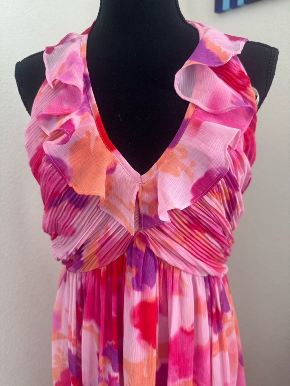 Boston Proper Pink Floral Maxi Dress Ruffle V-Neck Pleated Flowy Summer size 8 - Picture 2 of 13